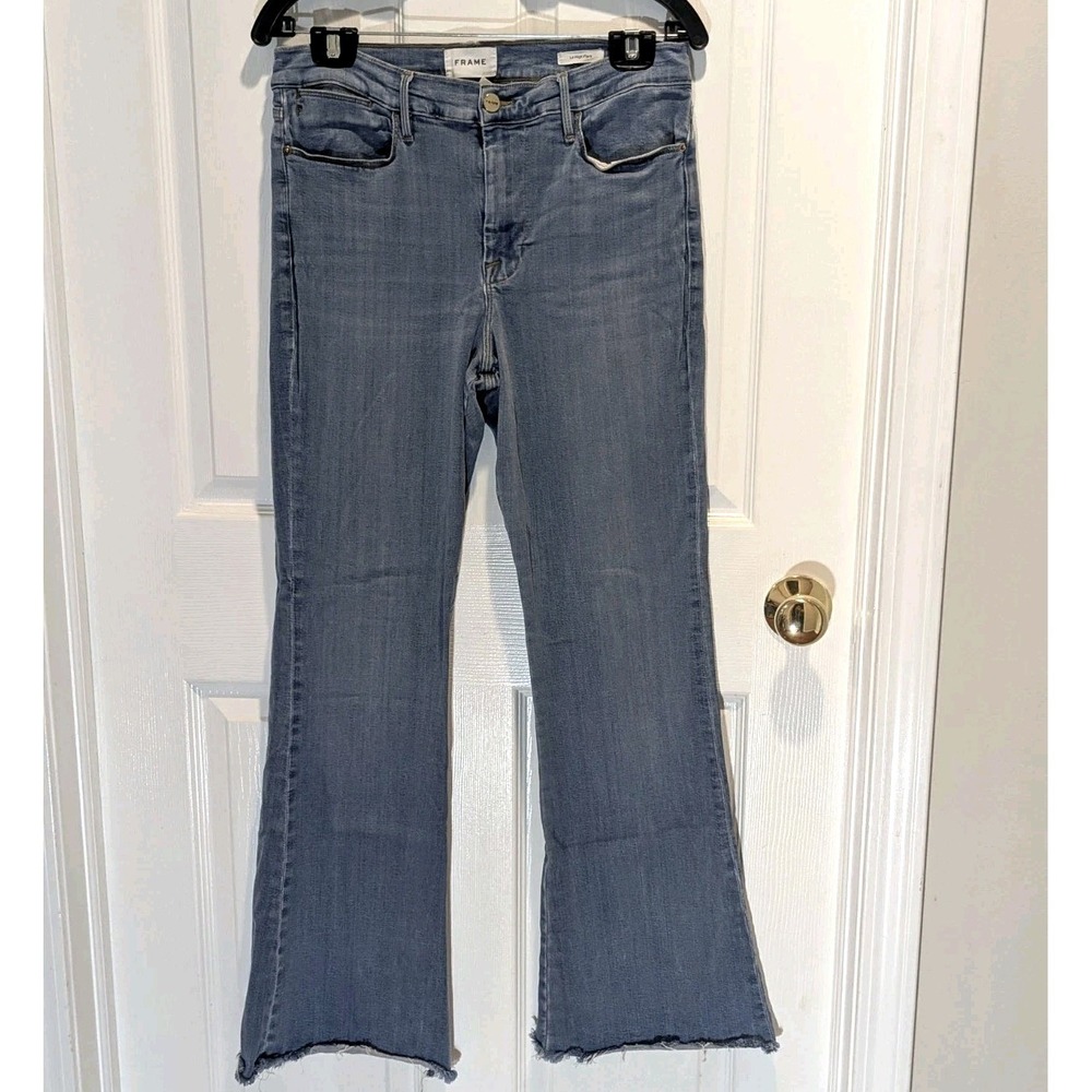 FRAME Le High Flare Jeans 31 Raw Hem Blue Stretch Designer Denim Festival Boho‎
